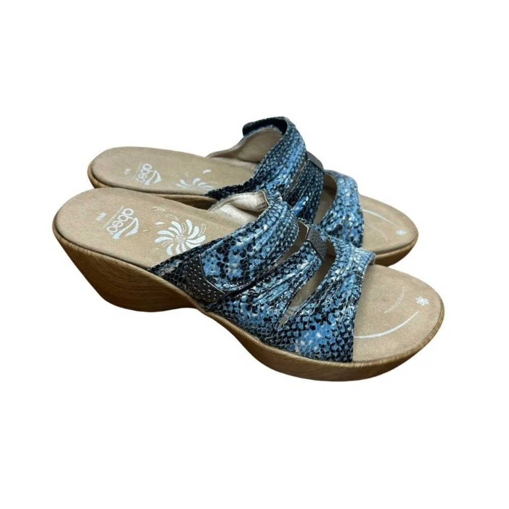 Abeo Women's Wedge Slides Strappy Sandals Size 8 Blue Snakeskin Leather NEW